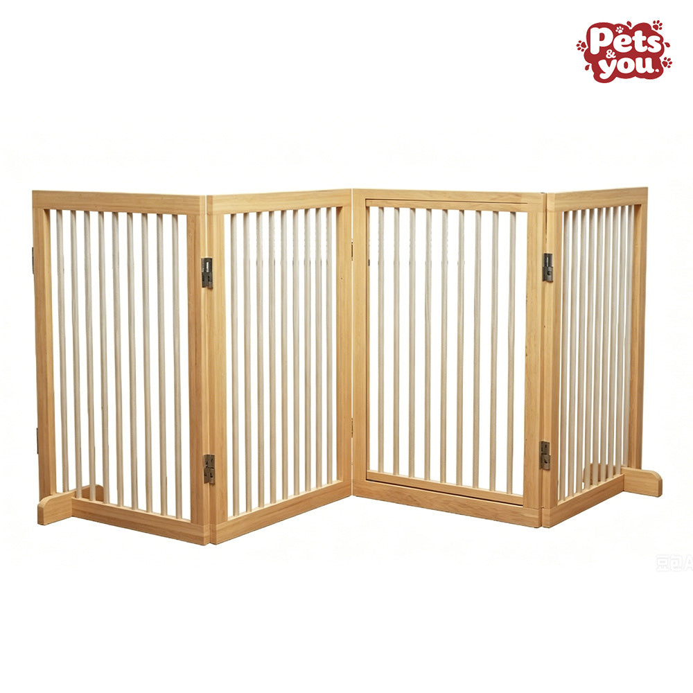 pets&you Freestanding 4 Panel Solid Wood Pet & Baby Safety Gate, Foldable No Drill Wooden Play Barrier, Non-Metal Indoor Partition Fence for Dogs, Toddlers, Cats