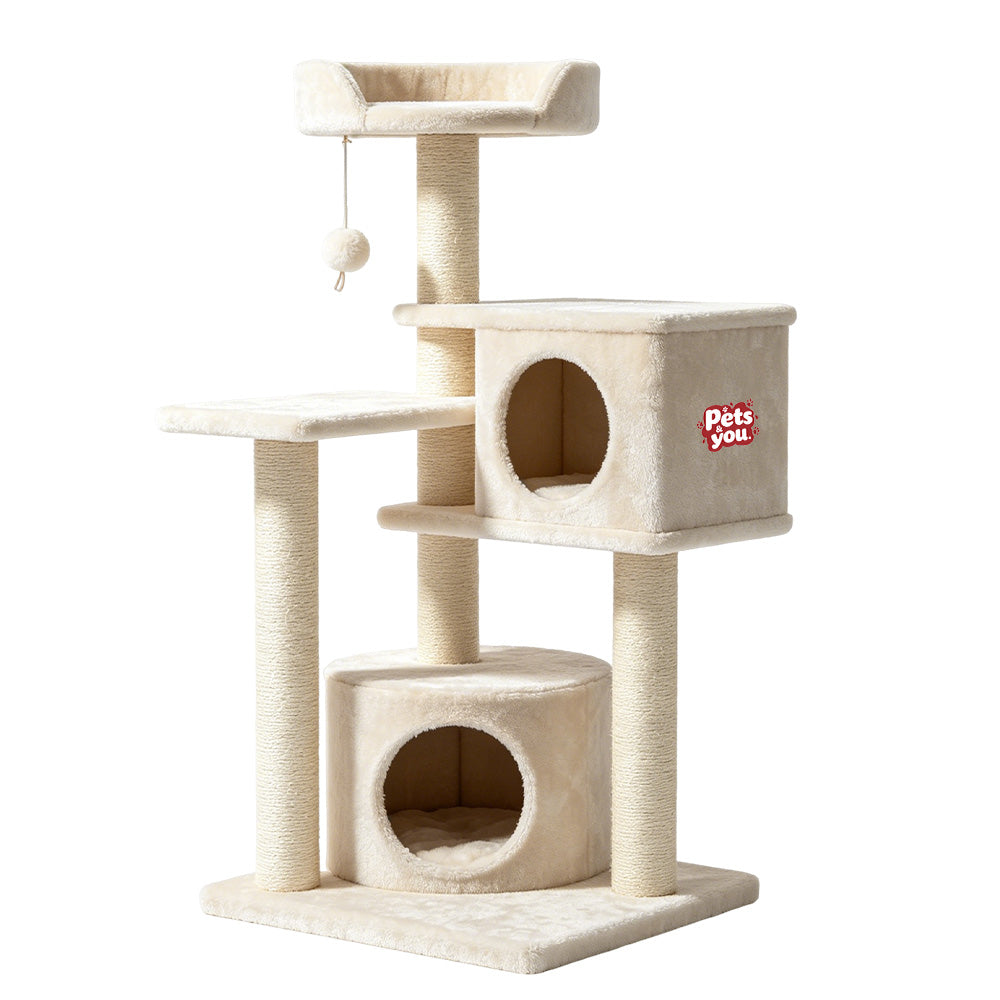 pets&you Multi-Level Cream Plush Cat Tree Tower, Dual Hidden Cat Condos, Natural Sisal Scratching Posts Perch Platform with Hanging Pom-pom Toy for Indoor Cats Kittens