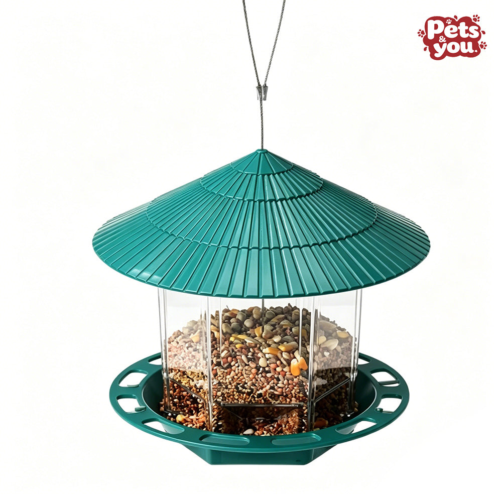 pets&you Pagoda Roof Hanging Wild Bird Feeder, Weather Proof Squirrel Resistant Hanging Seed Feeder with Clear View Chamber for Garden Yard Outdoor Birds