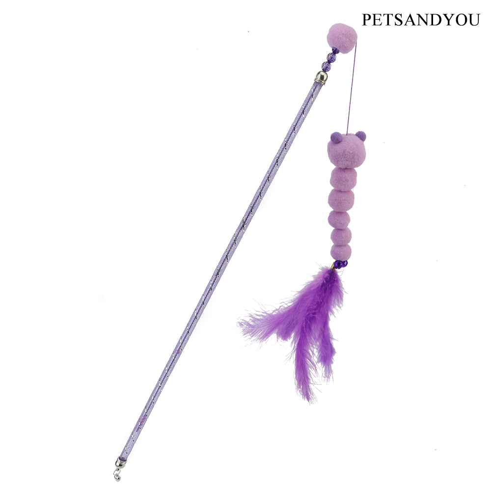 PETSANDYOU Purple Pom-pom Caterpillar Cat Wand Toy, Feather Bell Interactive Teaser Stick for Indoor Kittens Cats Chase Exercise Relieve Boredom