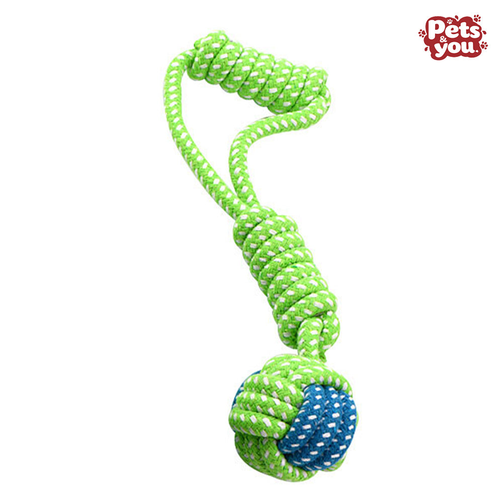 pets&you Handle Loop Tug Rope Ball Dog Toy, Durable Braided Cotton Interactive Tug-of-War Chew Toy for Puppies Small Medium Dogs Teeth Cleaning & Anxiety Relief