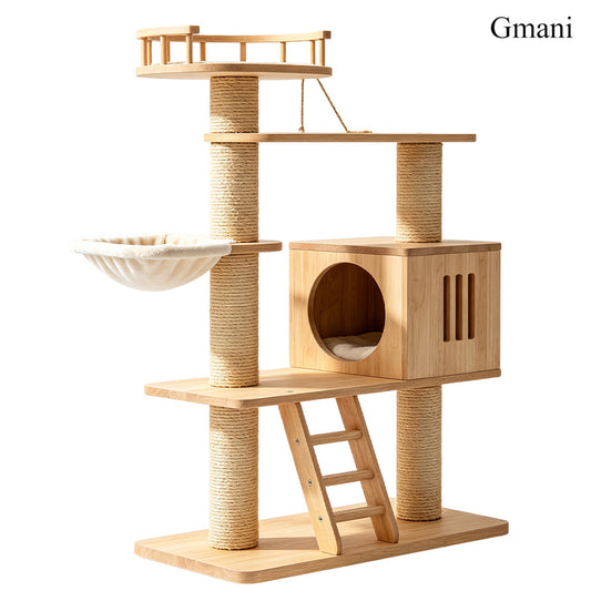 Gmani All Solid Wood Multi-Level Cat Tree Tower | Sisal Scratching Posts, Enclosed Cat Cave & Hammock Perch, All-in-One Indoor Cat Furniture for Kittens & Large Cats
