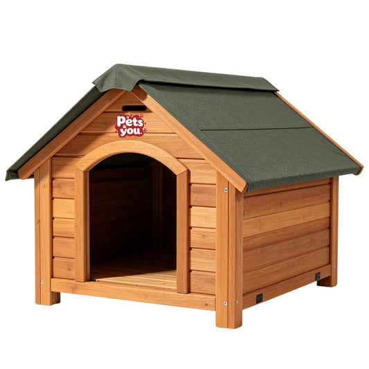 pets&you Waterproof Solid Wood Dog House with Removable Canvas Roof, Elevated Weatherproof Outdoor Indoor Dog Shelter for Small Medium Dogs All Season Use