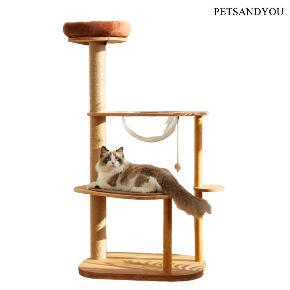 PETSANDYOU Multi-Level Solid Wood Cat Tower with Sisal Scratching Post, Hammock & Top Perch