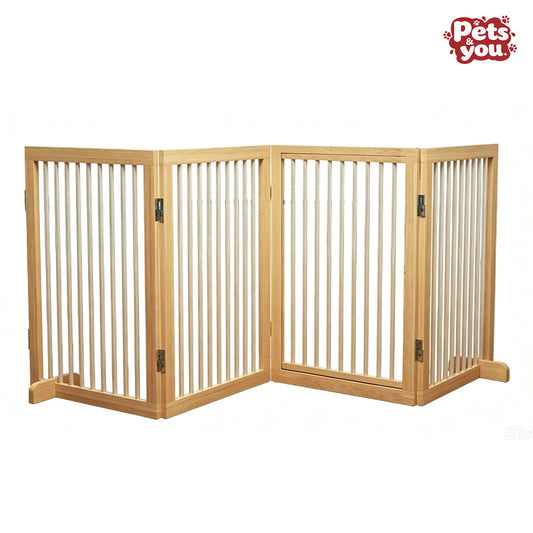 pets&you Freestanding 4 Panel Solid Wood Pet & Baby Safety Gate, Foldable No Drill Wooden Play Barrier, Non-Metal Indoor Partition Fence for Dogs, Toddlers, Cats