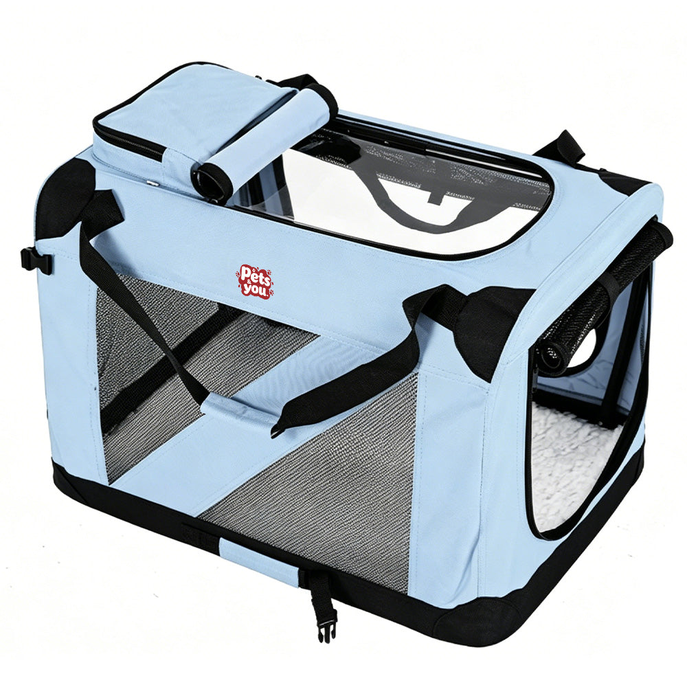 pets&you Light Blue Soft Sided Pet Travel Carrier, Collapsible Breathable Mesh Pet Bag with Clear Window & Fleece Mat for Small Dogs&Cats