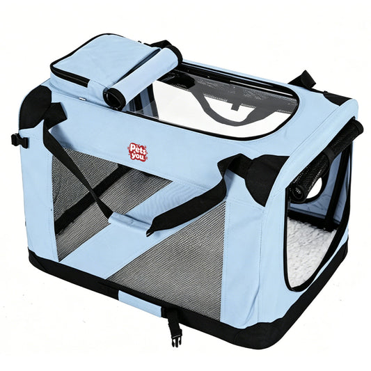 pets&you Light Blue Soft Sided Pet Travel Carrier, Collapsible Breathable Mesh Pet Bag with Clear Window & Fleece Mat for Small Dogs&Cats