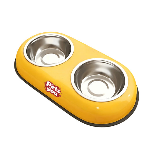 pets&you Double Stainless Steel Pet Food Water Bowl Set, Non-Slip Spill-Proof Melamine Base Twin Feeding Dishes for Small Medium Dogs Cats Puppies Kittens