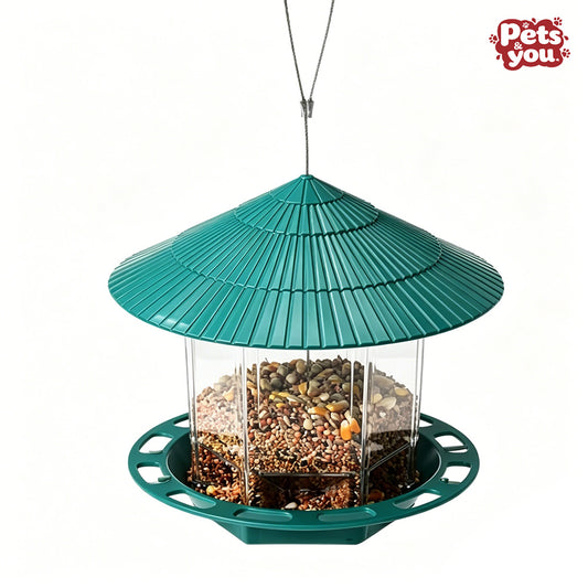 pets&you Pagoda Roof Hanging Wild Bird Feeder, Weather Proof Squirrel Resistant Hanging Seed Feeder with Clear View Chamber for Garden Yard Outdoor Birds