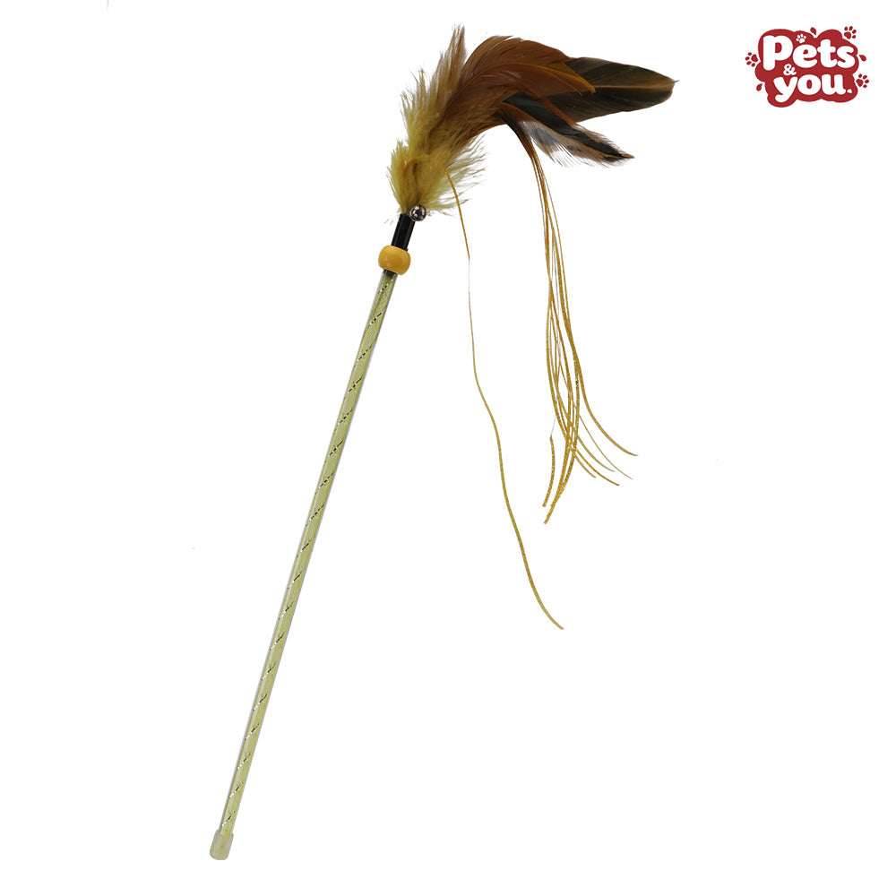 pets&you Natural Feather Cat Wand Toy with Bell & Glitter Tassels, Lightweight Interactive Teaser Stick, Indoor Exercise Play Toy for Kittens & Adult Cats
