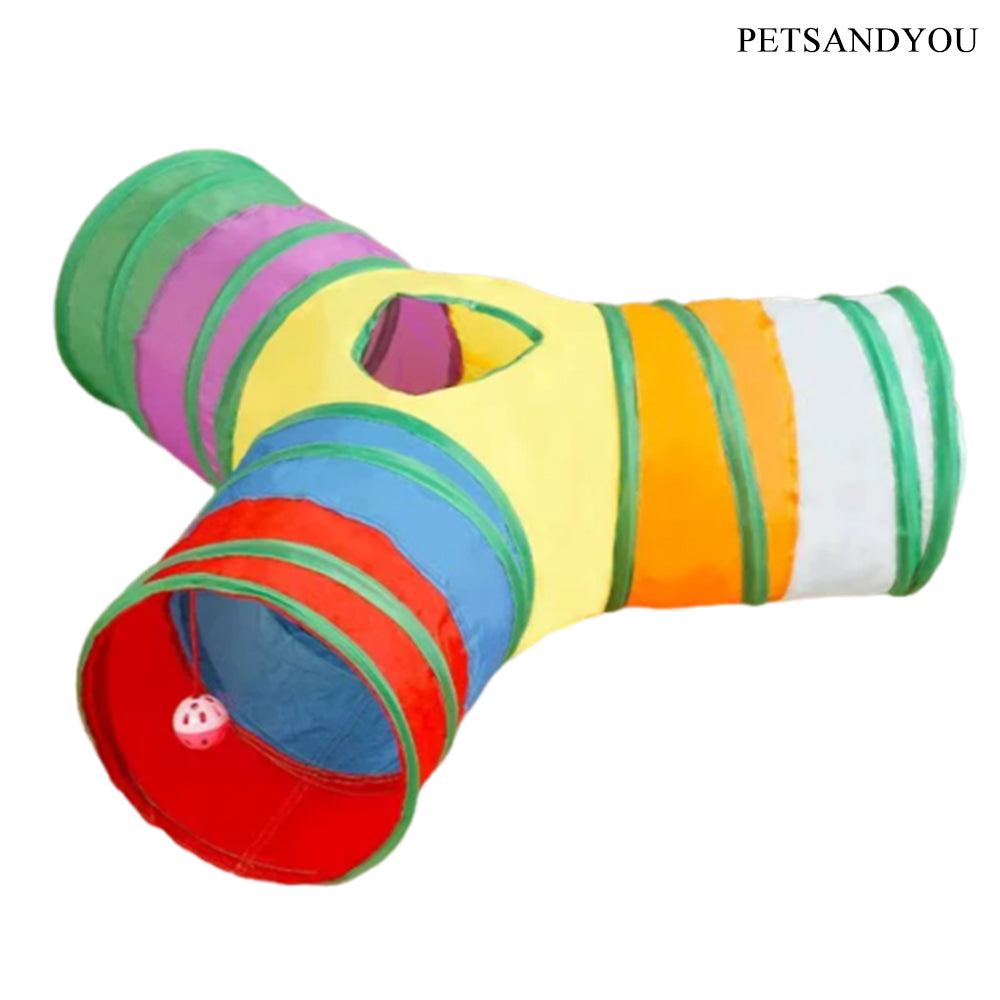 PETSANDYOU 3-Way Rainbow Collapsible Cat Tunnel, Foldable Multi-Way Maze Tube with Peek Hole & Bell Ball Interactive Play Toy for Indoor Kittens Small Dogs