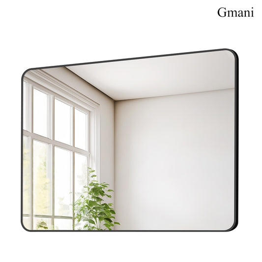 Gmani Rounded Corner Black Metal Framed Wall Mirror, Modern Rectangle Wall Mounted Vanity Mirror for Bathroom, Bedroom Entryway Decor