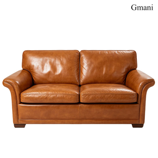 Gmani Vintage Waxed Top Grain Leather 2-Seater Loveseat Sofa, Mid-century Retro Brown Leather Couch for Living Room, Apartment, Cafe & Boutique